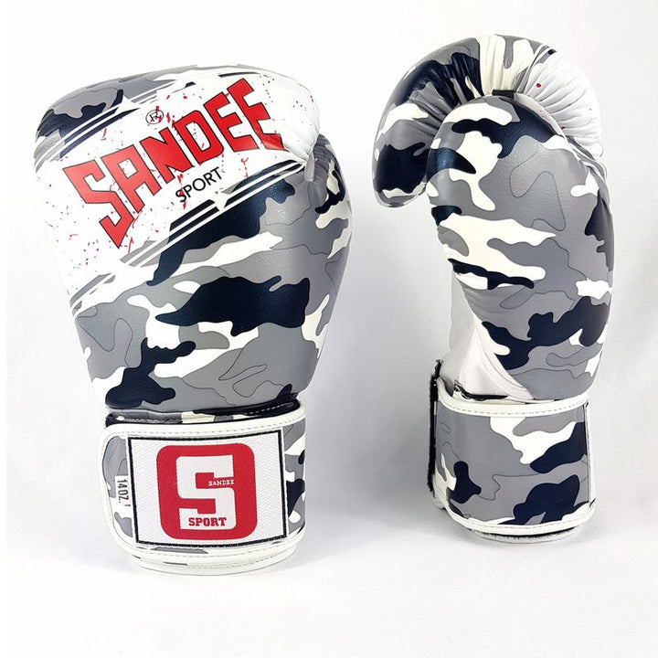 Sport Velcro Camo 3 Tone Boxing Gloves - Grey & White