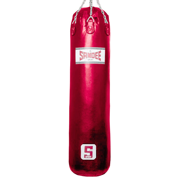 A red 5ft Sandee Sport synthetic leather punch bag with stainless steel hanging chains.