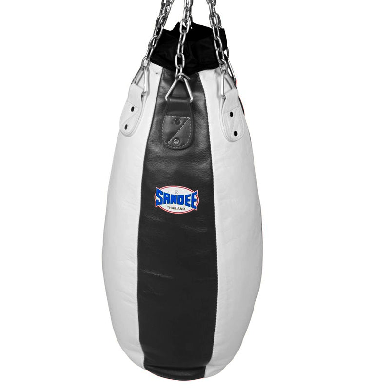 A teardrop-shaped punching bag with a black and white leather exterior, featuring a Sandee logo in the center, and stainless steel hanging chains.