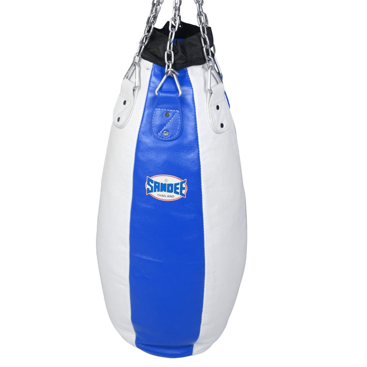 A teardrop-shaped punching bag with a blue and white color scheme, featuring a logo that reads 'SANDEE' on the front, and equipped with a chain for hanging.