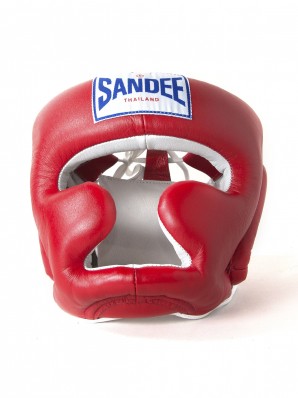 Sandee Closed Face Red & White Leather Head Guard
